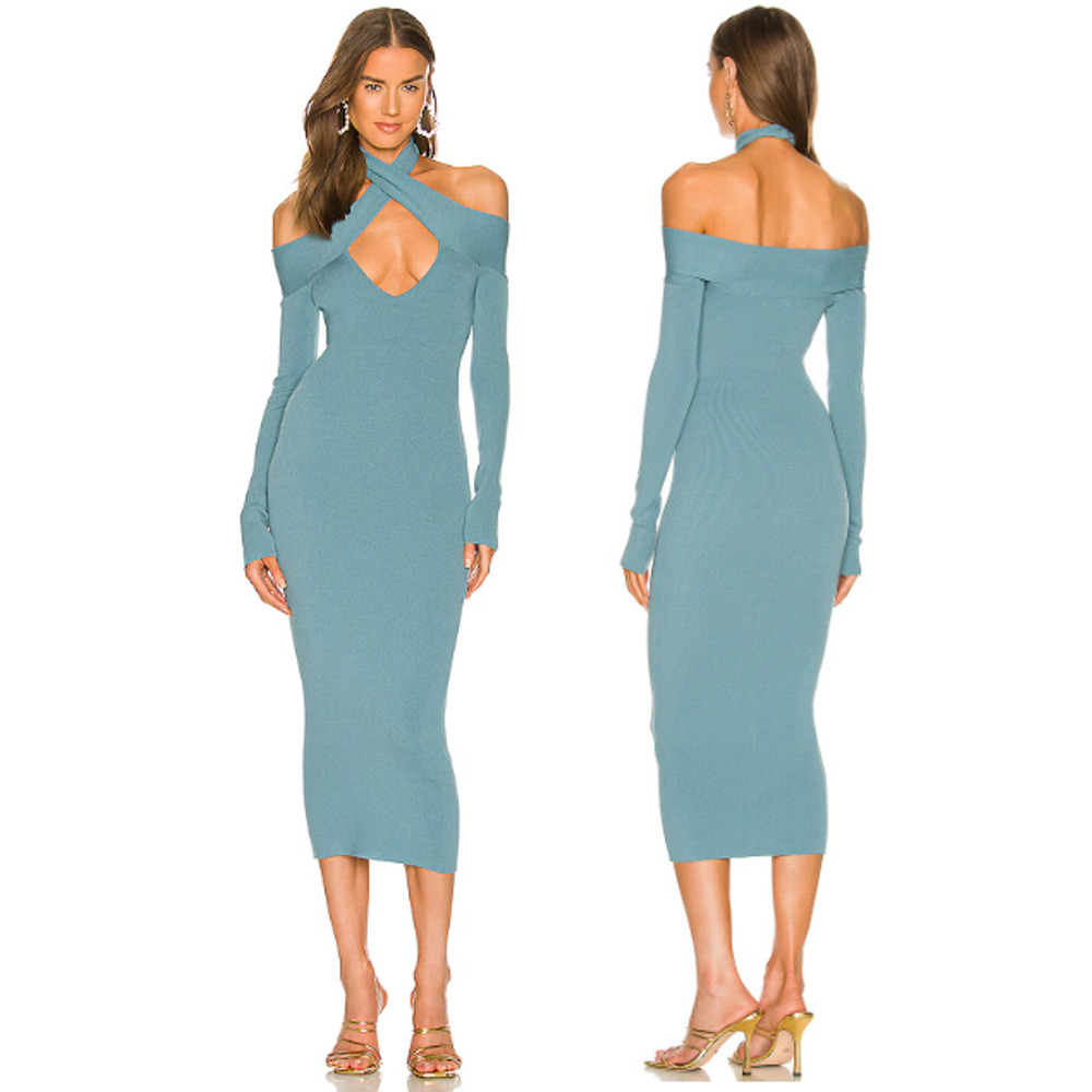 Sleek Off-Shoulder Midi Dress in Dusty Blue